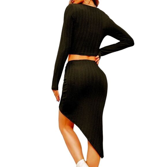 ZAFUL Women's V-neck Long Sleeve  Cropped Top Slit bodycon Mini Skirt Set - Picture 10 of 16